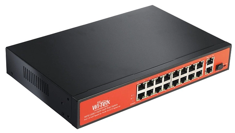  Wi-Tek Неуправляемый коммутатор 16 PoE портов 100Base-TX + 2 1000Base-T + 1 SFPPoE IEEE 802.3at/af до 30Вт на портрежим передачи PoE на 250мQoS на основе портавнутренний блок питания 150Вт