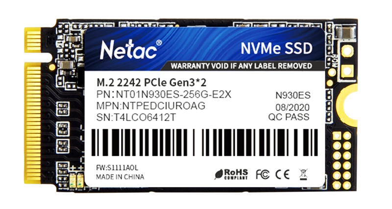 Ssd накопитель Netac SSD N930ES 256GB PCIe 3 x2 M.2 2242 NVMe 3D NAND, R/W up to 1650/1260MB/s, TBW 150TB, 3y wty