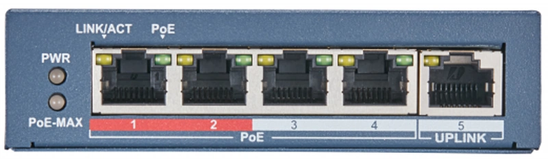Коммутатор Hikvision DS-3E0105P-E(B) 4 RJ45 100M PoE с грозозащитой 6кВ, 2 порт с высоким приоритетом; 1 Uplink порт 100М Ethernet; бюджет PoE 60Вт; поддержка режима передачи до 250м,10Мб/с, CAT5e; таблица MAC а