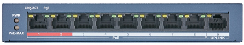 Коммутатор Hikvision DS-3E0109P-E/M(B) 8 RJ45 100M PoE с грозозащитой 6кВ; 1 Uplink порт 100М Ethernet: бюджет PoE 60Вт; поддерживают режим передачи до 250м; таблица MAC адресов на 2000 записей; пропускная спосо