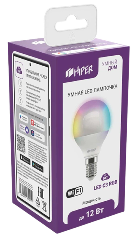  HIPER Smart LED bulb IoT LED C3 RGB/Умная LED лампочка/Wi-Fi/Е14/Globe P45/Регулируемая яркость и цвет/6Вт/2700К-6500К/520 лм/IoT LED C3 RGB