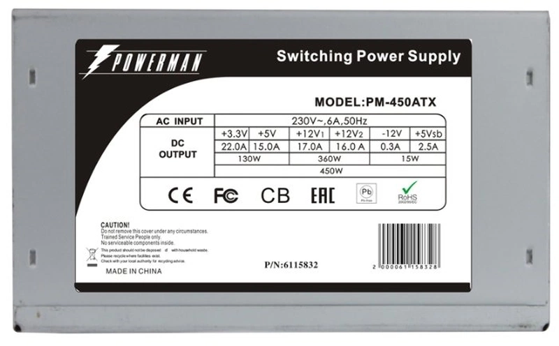 Блок питания Powerman Power Supply  450W  PM-450ATX (незначительная деформация корпуса)