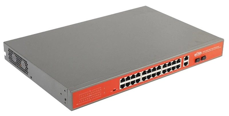  Wi-Tek Неуправляемый коммутатор 24 PoE порта 100Base-TX +  2 Combo 1000Base-T/SFPPoE IEEE 802.3at/af до 30Вт на портрежим передачи PoE на 250мрежим VLAN на основе портаQoS на основе портавнутренн