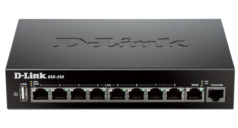 Маршрутизатор D-Link DSR-250/C1A, VPN Gigabit Router with 1 10/100/1000Base-T WAN ports, 8 10/100/1000Base-T LAN ports and 1 USB ports.Firmware for Russia.1 10/100/1000/1000Base-T WAN ports, 4 10/100/1000/1000Ba