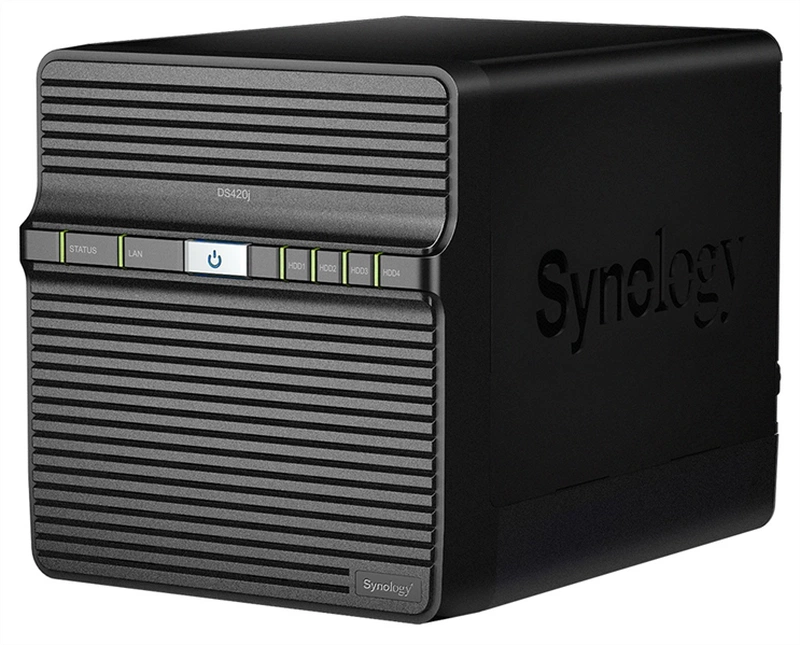 Система хранения данных Synology  QC1,4GhzCPU/1GB/RAID0,1,5,6,10/up to 4HDDs SATA(3,5' ')/2xUSB3.0/1GigEth/iSCSI/2xIPcam(upto 16)/1xPS/2YW repl DS418j