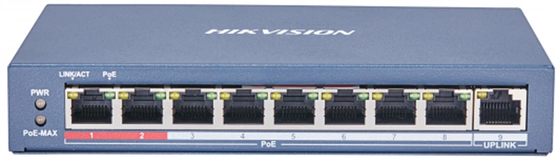 Коммутатор Hikvision DS-3E0109P-E(C) 9 RJ45 100M PoE с грозозащитой 6кВ, 2 порт с высоким приоритетом; 1 Uplink порт 100М Ethernet; бюджет PoE 115Вт; поддержка режима передачи до 250м,10Мб/с, CAT5e;таблица MAC а