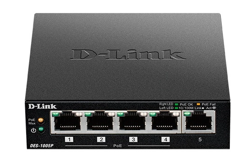 Коммутатор D-Link DES-1005P/B1A, L2 Unmanaged Switch with 5 10/100Base-TX ports (4 PoE ports 802.3af/802.3at (30 W), PoE Budget 60).2K Mac address, Auto-sensing, 802.3x Flow Control, Stand-alone, Auto MDI/MDI-X